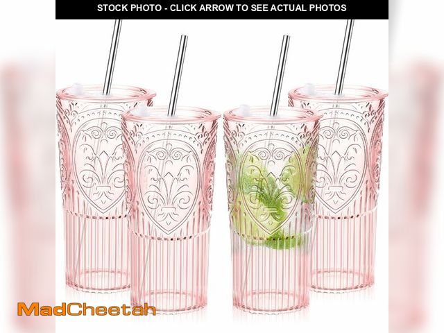 Lot 74-14205794 - Acellegic 4 Set 20oz Vintage Plastic Tumbler with Lids and Straws Ribbed Floral Drinking Glasses Reu...
