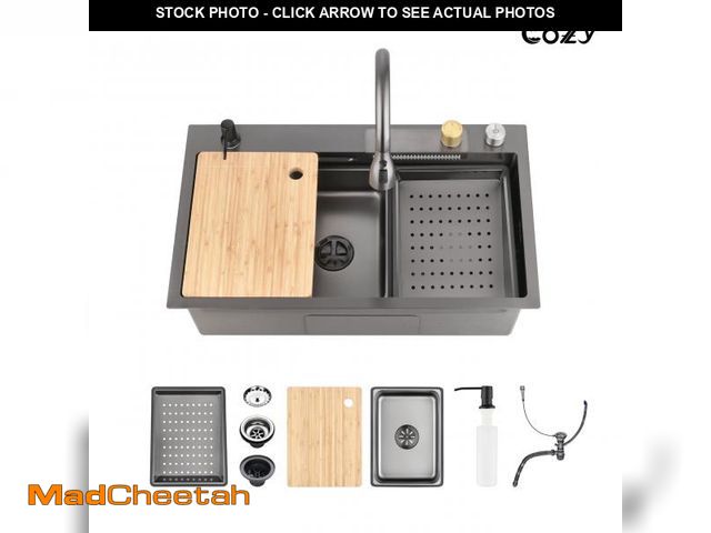Lot 74-12513823 - Stainless Steel Single Bowl Kitchen Sink 33x22 inch Waterfall Edge with Faucet &amp; Board, 1 Set, S...