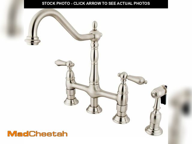Lot 74-13844621 - Kingston Brass KS1273ALBS Heritage 8-Inch Kitchen Bridge Faucet with Brass Sprayer, Antique Brass - ...