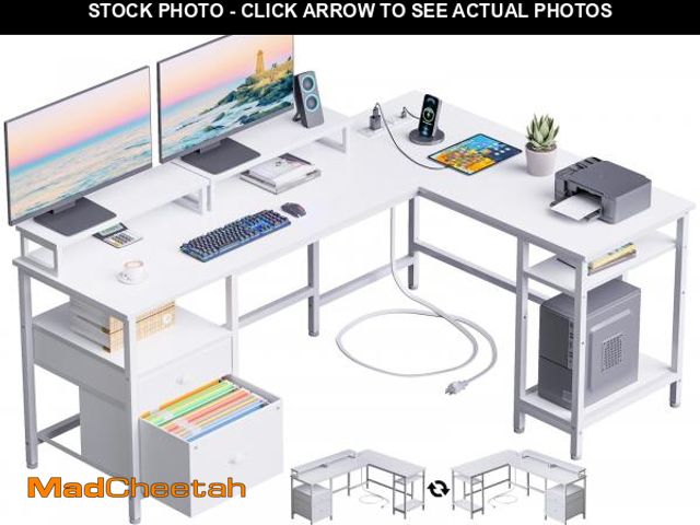 Lot 74-12154779 - Furologee White 59Ã¢â¬Â L Shaped Desk with Power Outlet, Reversible Computer Desk with File Drawer...