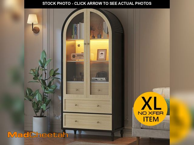 Lot 74-12689935 - (MISSING HARDWARE,LIGHTS,LEGS,HINGES) Semoic 73" Tall Arched Storage Cabinet - Modern Farmhouse Book...