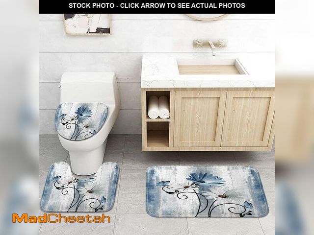 Lot 74-12705431 - Rustic Farmhouse Bath Mat Set, Farm Blue Daisy Floral Flowers and Butterfly on Country Wooden Bathro...