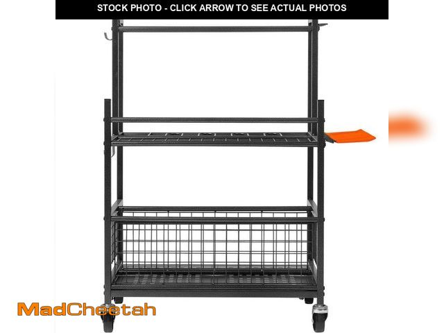 Lot 74-13778815 - SKYSHALO 16-slot garden tool organizer with hooks Metal yard tool rack on wheels Holds long-handled ...