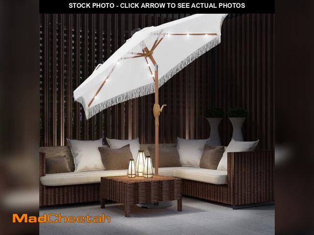 Lot 74-14607903 - Autlaycil 7.5 ft Fringe Patio Umbrella with 18 LED Lights, Tassels Solar Umbrella - White - UNUSED