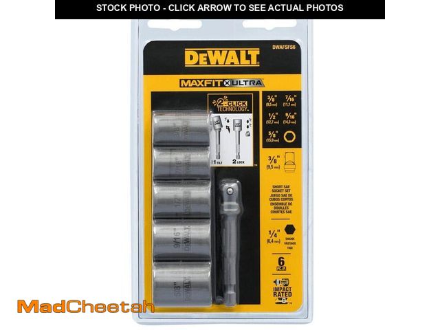 Lot 74-14075970 - (MISSING ONE) DEWALT MAXFIT ULTRA 3/8 in. Carbon Steel Drive Socket Set (5-Piece) with 1/4 in. Adapt...