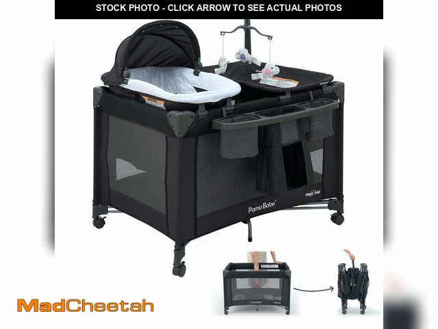 Lot 74-12766643 - Pamo Babe Baby Playard Magic Fold 1 Step Bassinet &amp; Changing Table for Newborn, 4-Panels (Black)...