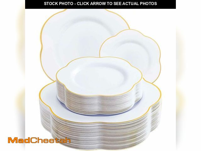 Lot 74-14210786 - Liacere 50PCS White Plastic Plates - Heavy Duty Disposable - White and Gold Plastic Plates Include 2...