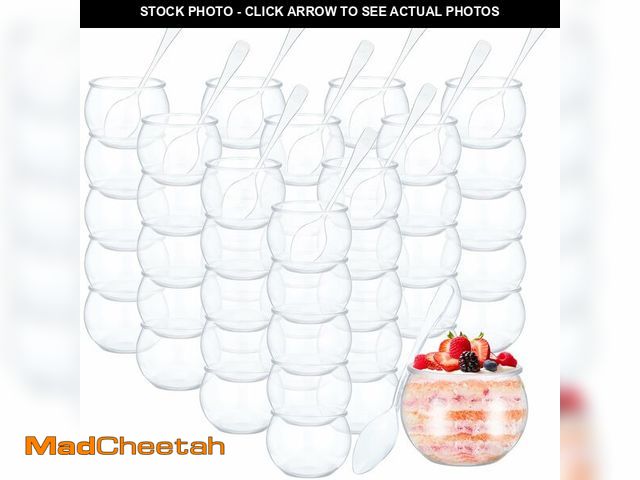 Lot 74-12700216 - EBOOT 100 Pcs 2 oz Mini Dessert Cups with Spoons, Sphere Plastic Fish Cup Disposable Round Plastic B...