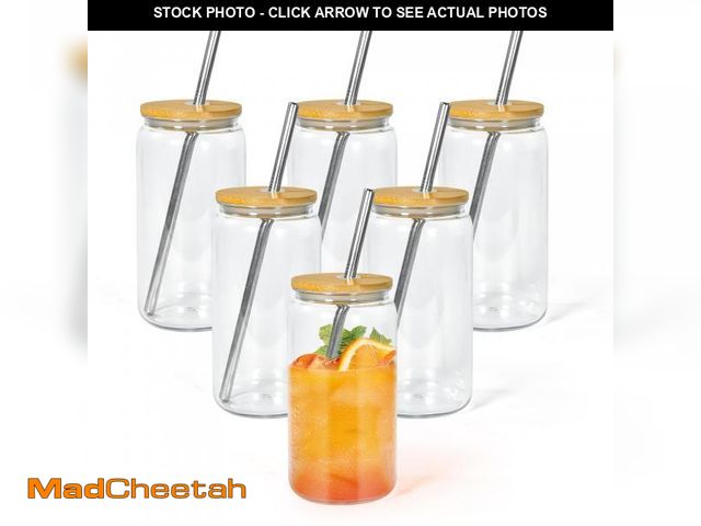 Lot 74-11551498 - Icesip 16oz Acrylic Mason Jar Cups, Clear Cups with Bamboo Lids and Straws, Iced Coffee Cup Drinking...