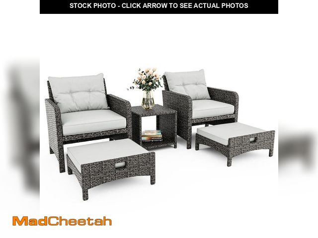 Lot 74-14312630 - (MISSING TABLE) 2 Wicker Patio Furniture Outdoor Patio Chairs and ottomans, Gray Cushions - UNUSED