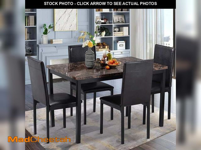 Lot 74-13284703 - 5 Piece Dining Room Table Set, Modern Dining Table Sets with Brown PU Leather Chairs for 4, Faux Mar...