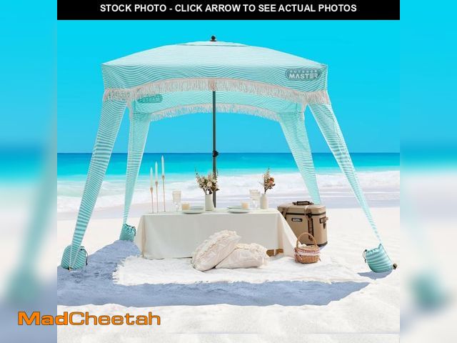 Lot 74-12169328 - OutdoorMaster Beach Cabana with Fringes, Portable 6' x 6' Beach Canopy for Sand, Easy Set Up Beach S...