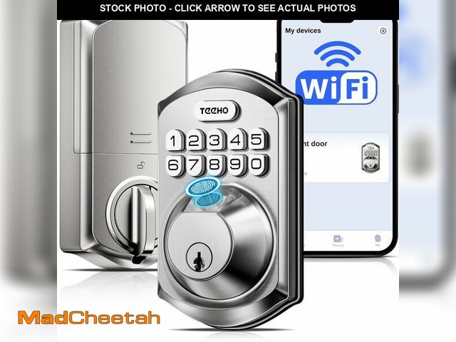 Lot 74-14432561 - TEEHO TE012W WiFi Fingerprint Smart Door Lock for Front Door, Satin Nickle - UNUSED