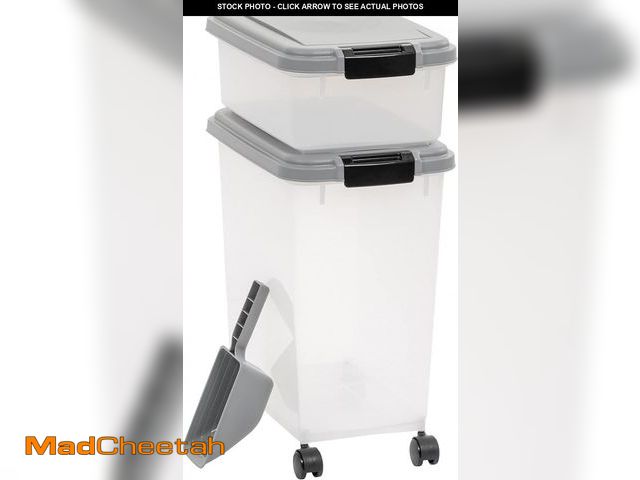 Lot 74-12136774 - (CRACK ON BOTTOM) Basics 3-Piece Airtight Dog Food Storage Container Combo with Scoop, 33 QT + 12 QT...