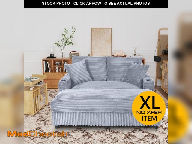Lot 74-13037930 - Noble House Keene Gray Polyester Upholstered Large Squre Arm Chaise Lounge with Cup Holders, Throw P...
