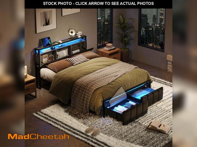 Lot 74-13774573 - Bestier Queen Size Platform Bed Frame with PU Leather Storage Headboard, Led Lights Charging Station...