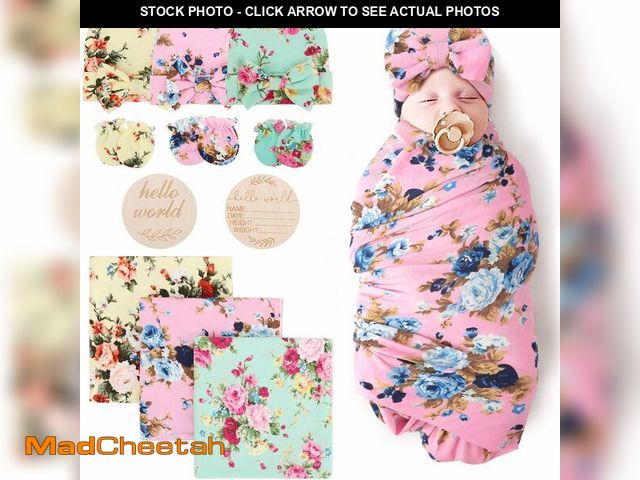 Lot 74-13959795 - DRESHOW BQUBO Floral Swaddles for Baby Girl Newborn Receiving Blanket with Bow Hat Mittens Wooden Bi...
