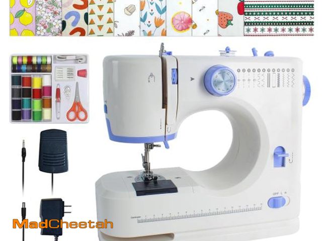 Lot 74-11557065 - Stoigeld Sewing Machine for Beginners with 20 Pcs Fabric and 32 Pcs Sewing Threads Kit,Portable Sewi...