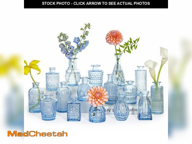 Lot 74-13954807 - SUPMIND 16pcs Glass Bud Vase Set, Small Blue Flower Vases for Centerpieces in Bulk, Mini Vintage Vas...