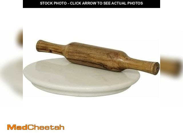 Lot 74-12603888 - IBLAY Natural Stone Marble Round Cutting, Serving and Cheese Tray Board Marble Chakla and Wooden Bel...