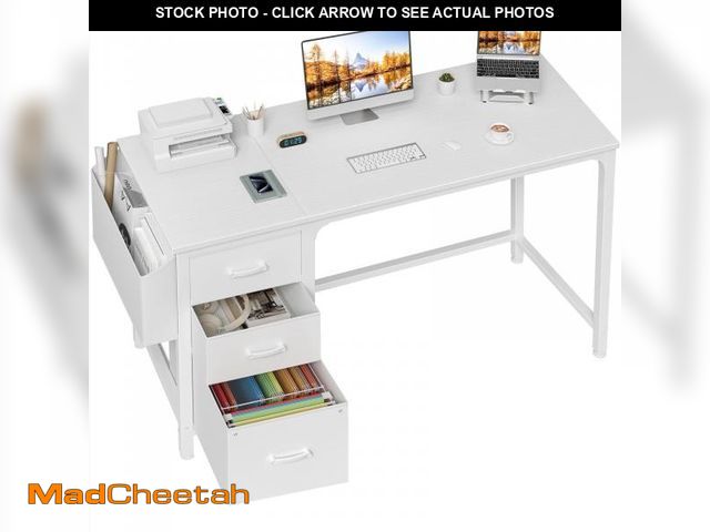 Lot 74-12481552 - Lufeiya White Computer Desk with Fabric File Drawers Cabinet, 55 Inch Desks with Storage Filing Cabi...