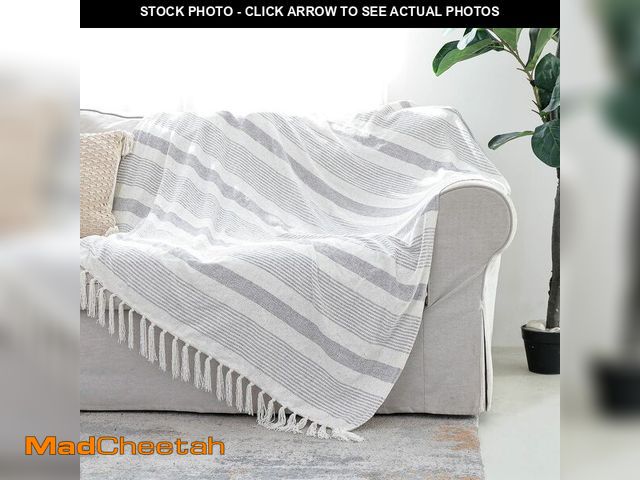 Lot 74-12711014 - Decorative Grey Ivory Striped Throw with Fringe, Soft Chenille Knitted Farmhouse Lightweight Blanket...