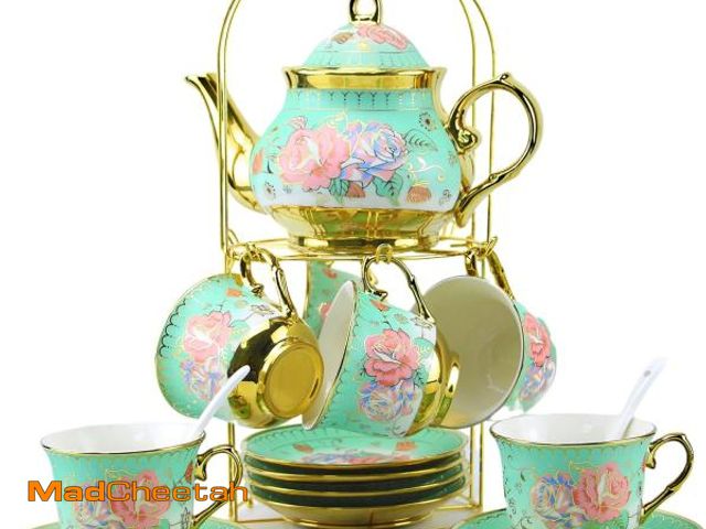 Lot 74-12322511 - 20 Pieces Porcelain Tea Set With Metal Holder, European Ceramic tea set for adults,Flower Tea Set,Te...