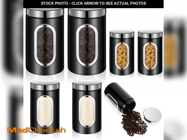 Lot 74-11553346 - Maxdot 6 Pcs Black Canisters for Kitchen Counter Tea Coffee Sugar Canister Set with See Through Wind...
