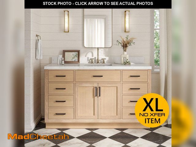 Lot 74-14356032 - (TOP IS CRACKED) ARIEL Hepburn 60 in. Single Sink Freestanding Bathroom Vanity in Oak with Carrara W...