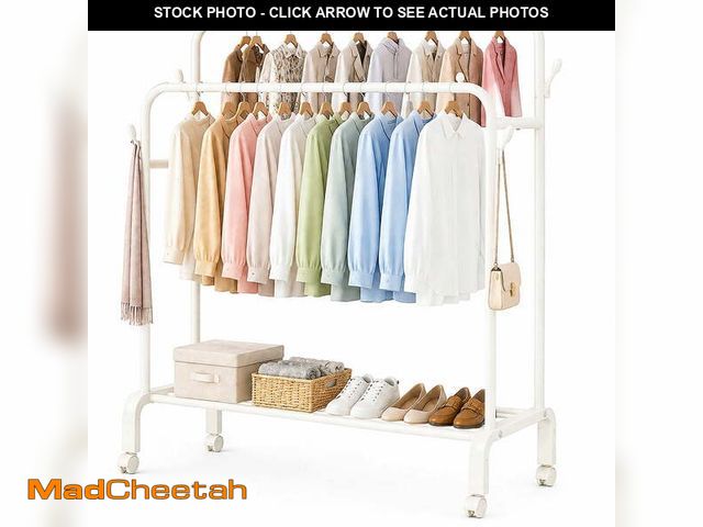 Lot 74-14353912 - SUSUZI Heavy Duty Clothes Rack with Wheels, 51 Inch Double Rod Rolling Garment Rack with Storage She...