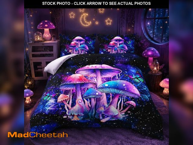 Lot 74-13583372 - Nttopship Fantasy Mushrooms Comforter Set King,Galaxy Fantasy 3 Pieces Bedding Set for Teens Kids,Vi...