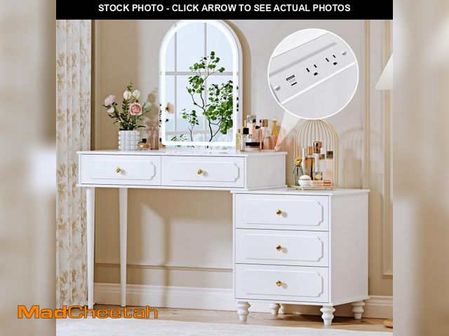 Lot 74-12362029 - Ieejdn White,Vanity Desk with Mirror and Lights,Makeup Vanity with Power Outlet and Adjustable Cabin...