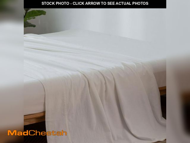 Lot 74-12050944 - MooMee Flat Top Sheet Only 100% Washed Cotton Linen Like Textured Breathable Durable Soft Comfy (Off...