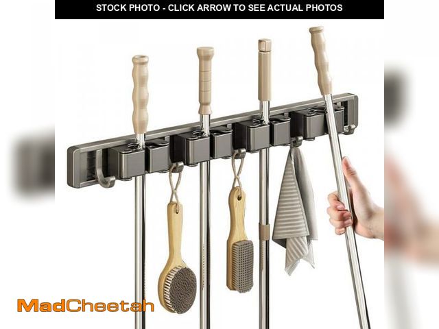 Lot 74-12463221 - Wellco Adjustable Broom Holder Storage Wall Mount Tool Bar with 4 Clips And 5 Hooks Aluminum Alloy -...