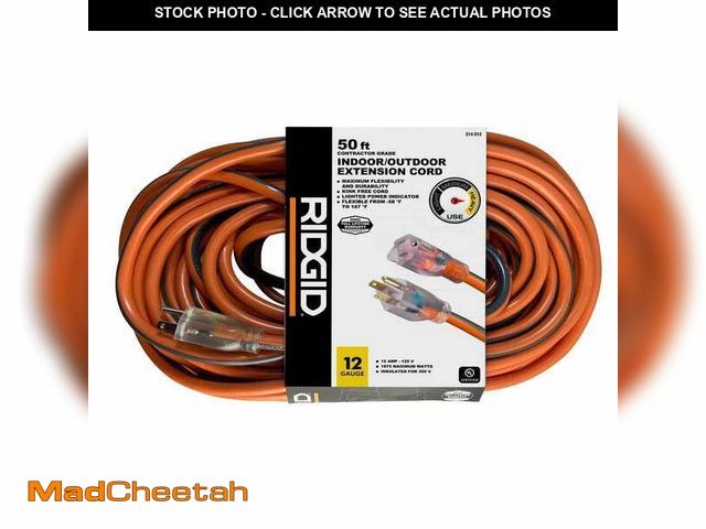 Lot 74-14279669 - RIDGID 50 ft. 12/3 Heavy Duty Indoor/Outdoor Extension Cord with Lighted End, Orange/Grey - UNUSED