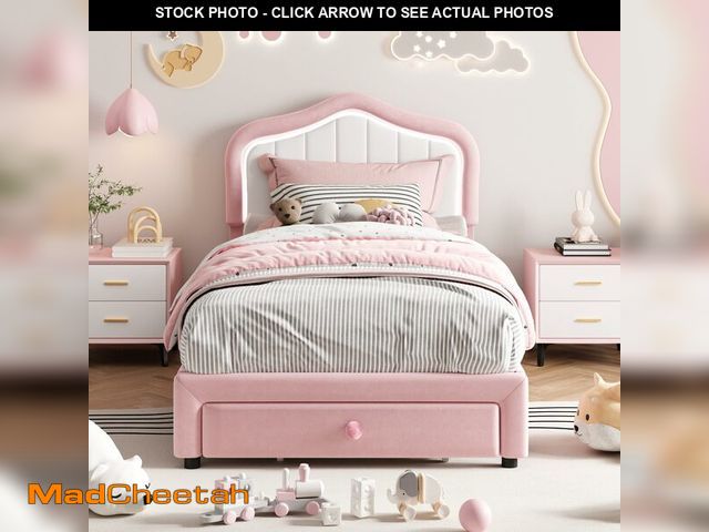 Lot 74-12689271 - GarveeHome Upholstered Twin Bed Frame with Led Lights and Storage Drawer, Cute Velvet Led Bed Frame ...