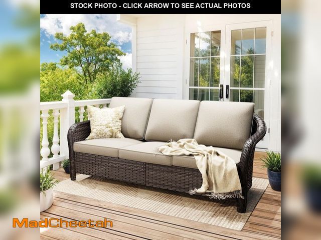 Lot 74-14468101 - JOYSIDE 3-Seat Brown Wicker Outdoor Couch Patio Sofa with Thick Beige Cushions MA06-BGE-A1-2HD - UNU...