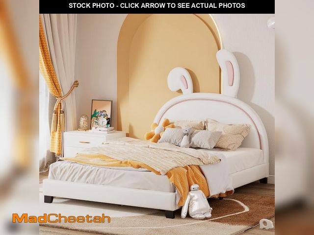 Lot 74-12286335 - Merax Full Size Upholstered Leather Platform Bed with Bunny Ears Headboard, Platform Bed Frame with ...