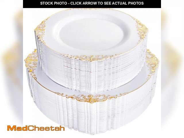 Lot 74-12308519 - Joyido 102PCS White and Gold Plastic Plates - Gold Disposable Plates Include 51PCS 7.5inch Dessert P...