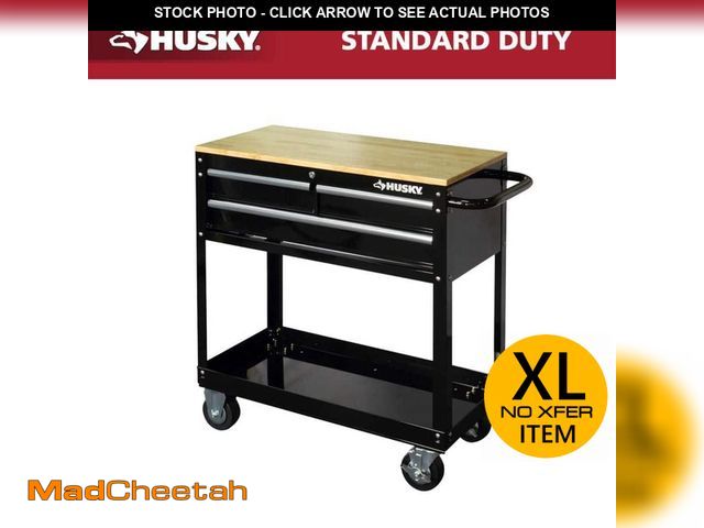 Lot 74-13662853 - Husky Tool Storage 3-Drawer 36 in. W Standard Duty Gloss Black Rolling Tool Cart with Hardwood Top -...