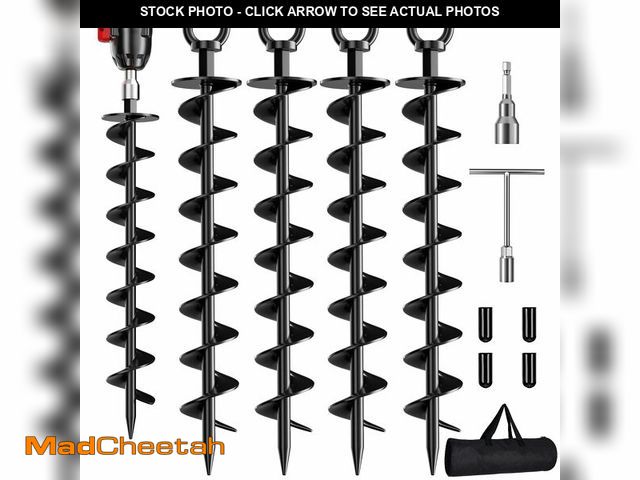 Lot 74-14297630 - Ground Anchor Screw in, 4 Pack Spiral Trampoline Anchors with Nut and Tool Swing Set Anchors Tent St...