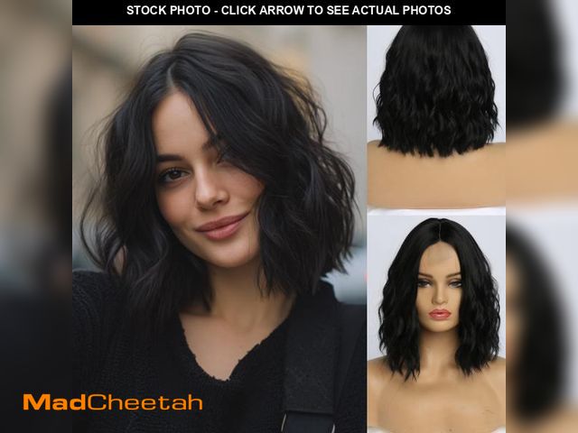 Lot 74-12442267 - simkaylee Short Black Wavy Wig for Women 14 Inch Shoulder Length Middle Part Curly Wavy Bob Wig Natu...