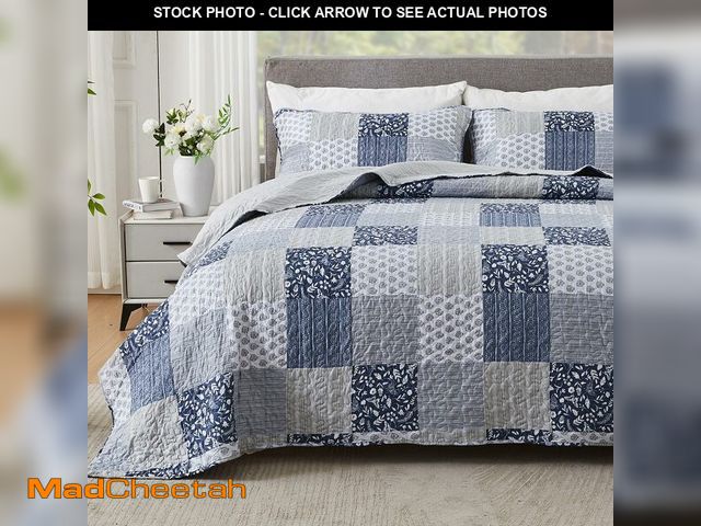 Lot 74-14146231 - Cozyholy Navy Blue Gray Oversized King Quilt Set 128x120, 3 Piece Quilted Bedspread Set Patchwork Pl...