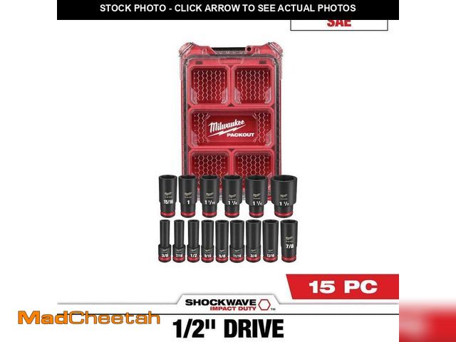 Lot 74-13667873 - Milwaukee SHOCKWAVE Impact-Duty 1/2 in. Drive SAE Deep Well Impact PACKOUT Socket Set (15-Piece) - U...