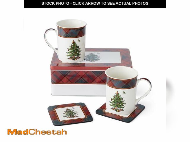 Lot 74-13548631 - Spode Christmas Tree Tartan Mug &amp; Coaster Set with Tin Box (5-Piece Set) - Festive Holiday Gift ...