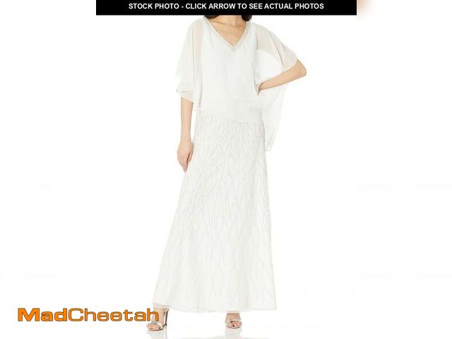 Lot 74-12418912 - J Kara Women's Beaded Bottom V-Neck Sheer Capelet Gown, Ivory/Multi, 14 - UNUSED