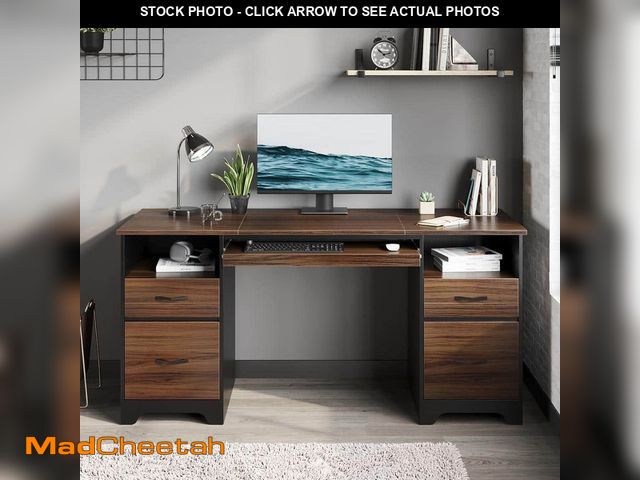 Lot 74-12642144 - Bestier 59 in. Rectangular Cherry 4-Drawers Computer Executive Desk with 2-Open Storage and Keyboard...