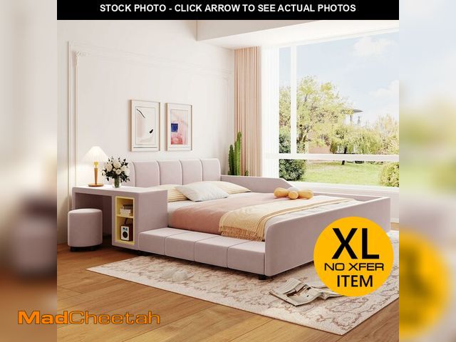 Lot 74-13674153 - Merax Queen Size Upholstered Plush Velvet Pink Mother and Baby Bed with Large Cushioned Ground Bed, ...