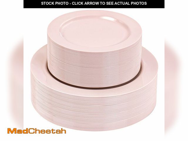 Lot 74-12700737 - FLOWERCAT 100PCS Pink Plastic Plates - Heavy Duty Pink Party set Disposable serve for 50 guests -10 ...