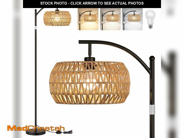 Lot 74-12710092 - Boho Floor Lamp with Dimmable Bulb, Rattan Shade, Boho Standing Tall Lamps with Foot Switch, Black B...